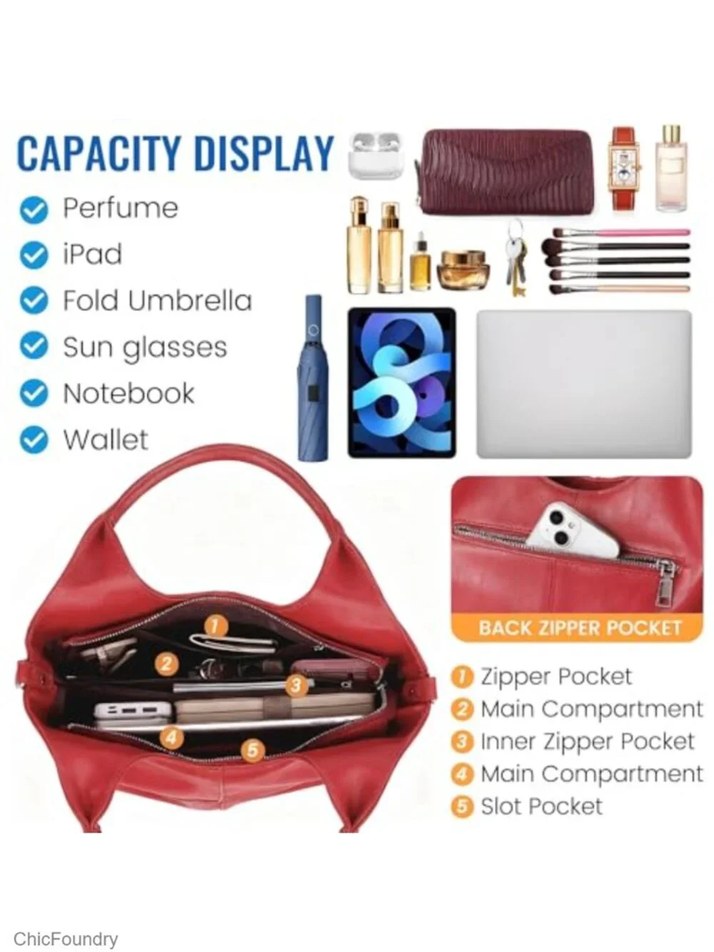 Vegan Leather Tote Hobo Bag with Detachable Satchel Strap